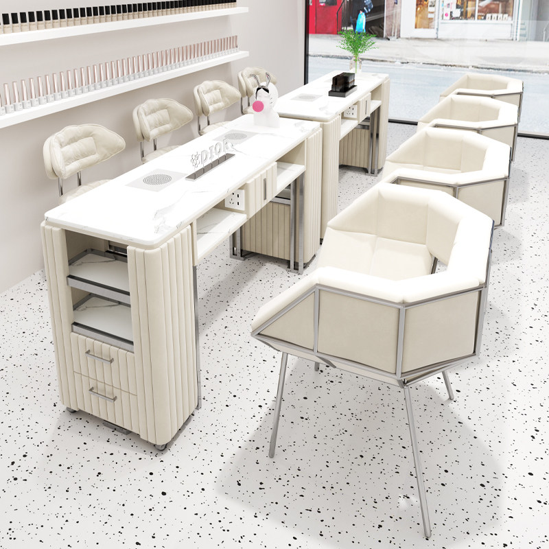 中闽芸尚不锈钢美甲桌椅套装内嵌吸尘器插座美甲台奶油风修甲桌椅