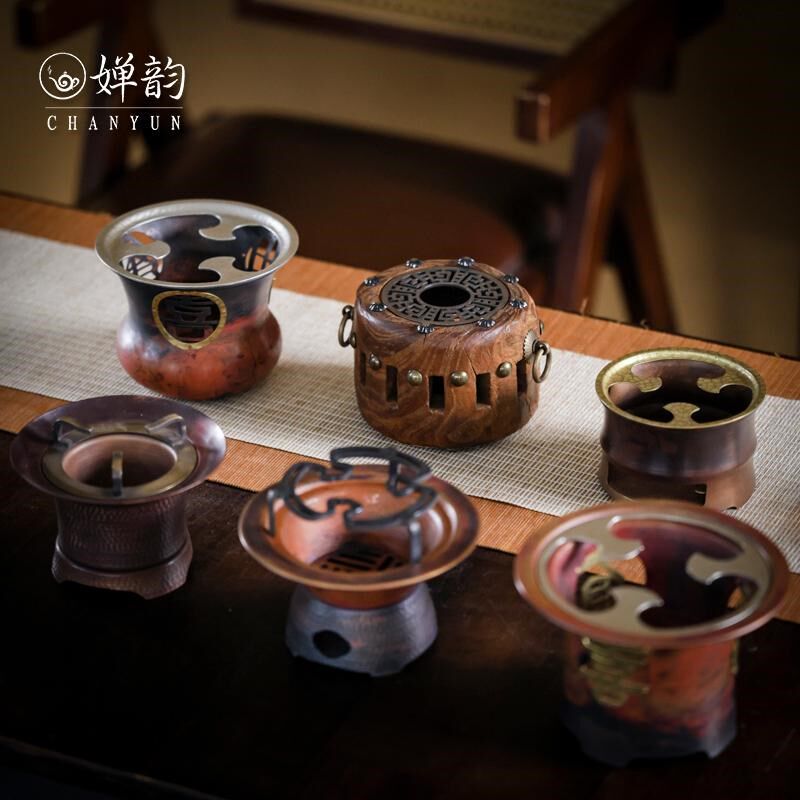婵韵春喜铜敞口温茶炉煮茶炉蜡烛酒精炉复古家用围炉煮茶茶具配件