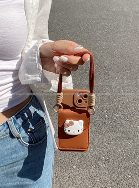 焦糖棕可爱KT猫蝴蝶结插卡包适用vivox300pro手机壳x200/x100s斜挎式s30promini全包边s20硅胶iqooz9新款x90