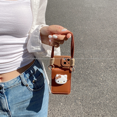 焦糖棕可爱KT猫蝴蝶结插卡包适用vivox300pro手机壳x200/x100s斜挎式s30promini全包边s20硅胶iqooz9新款x90