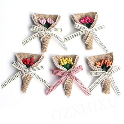 5pcs Handmade Jute Burlap Flowers Rose Hessian Ribbon Bow Vi