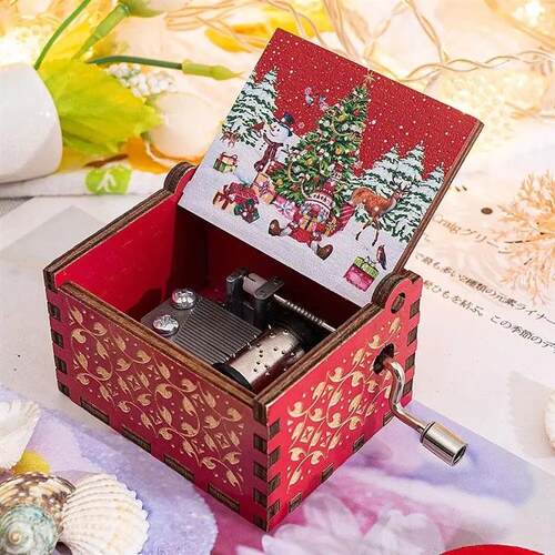 Red Merry Christmas Theme Music Box Carving Wooden Hand Cran