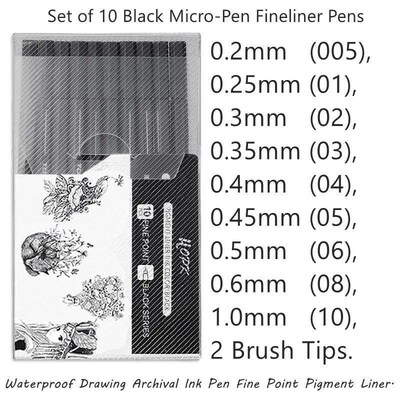 10Pcs/set Pigment Liner Micron Ink Marker Pen 0.05 0.1 0.2 0