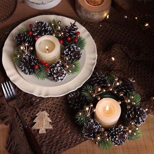 Faux Pine/Cherry Candle Wreath: Xmas Tabletop Decor