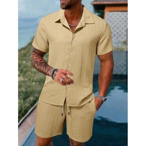Men Shirt Sets 3d Print Solid Stripes Short Sleeve Casual Sh