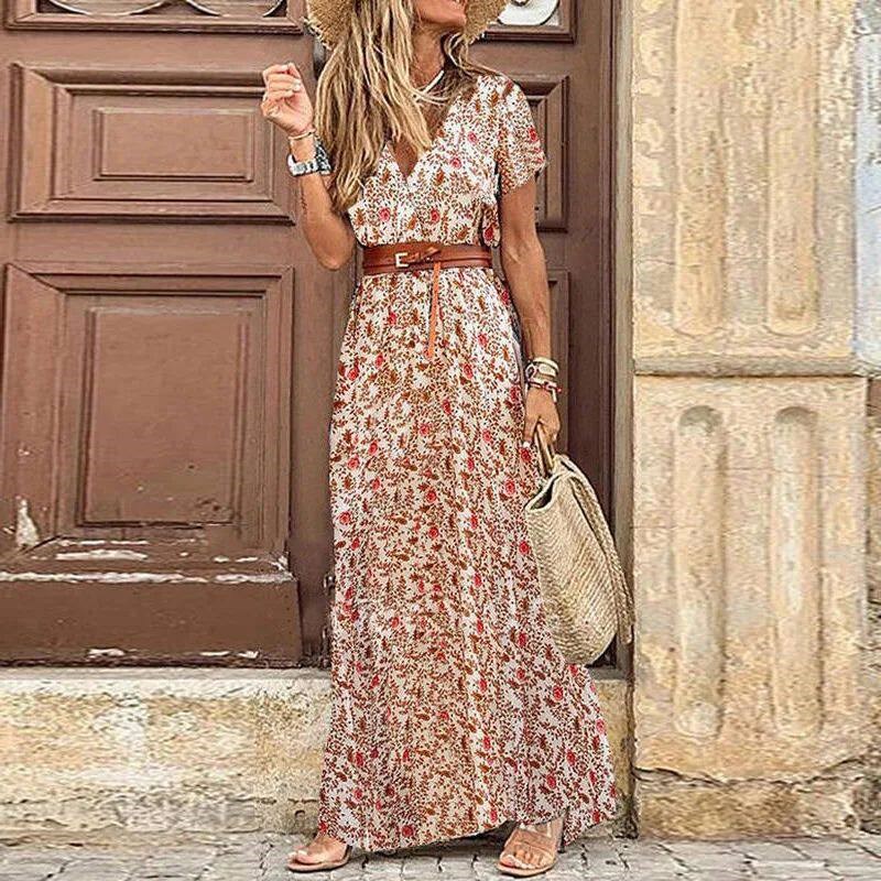 Women Casual Bohemian V-Neck Dress Short Sleeve Floral Print图片