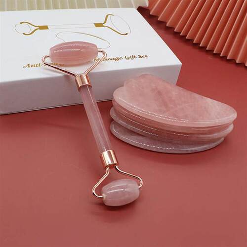 Natural Rose Quartz Jade Roller Gua Sha Set Facial Body Mass