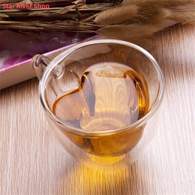 Heart Love Shaped Double Wall Glass Coffee Mug Home Office H