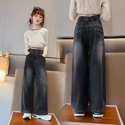 Teenager Girls Wide Leg Jeans Pants Spring 2024 Kids Clothes