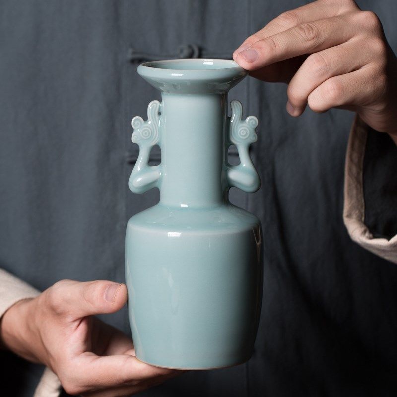 龙泉青瓷仿宋凤耳瓶中式陶瓷花瓶复古民宿样板间博古架装饰插花瓶,家居饰品,花瓶,淘宝优惠券,粉丝福利购,淘宝优惠卷