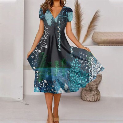 Summer New Womens Dresses Short Sleeve V Neck Floral