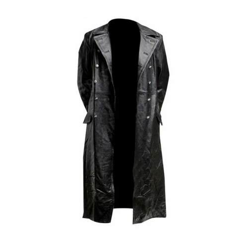 Maxi Long Leather Windbreaker for Men Double Breasted Leathe