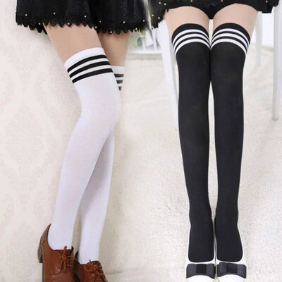 Black White Striped Long Socks Girl Over Knee Thigh High Soc