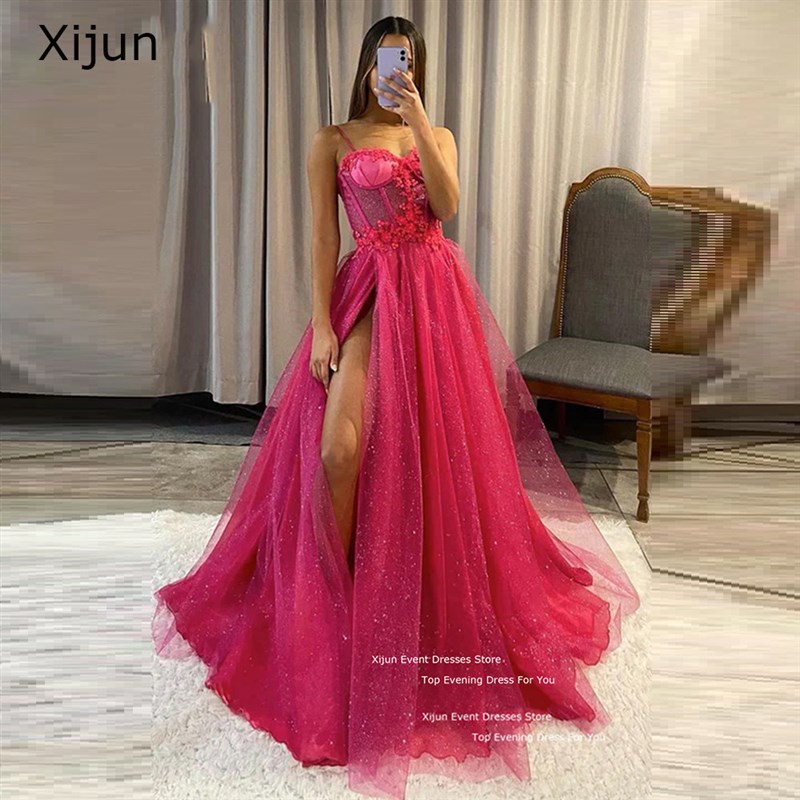 Xijun Sparkly Hot Pink Evening Dresses Lace Spaghetti Strap图片