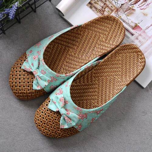 Women Flax Slippers 2024 Casual Slides Floral Bow Linen Casu