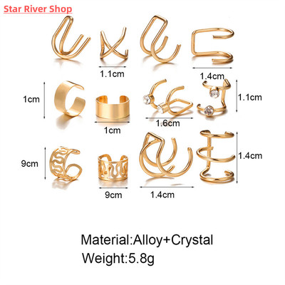 12pcs Bohemian Gold Color Ear Cuffs Leaf Clip Earrings For W