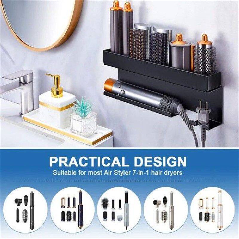 Blow Dryer & Styler Holder, Wall Mounted, Black, Bathroom - 实物图