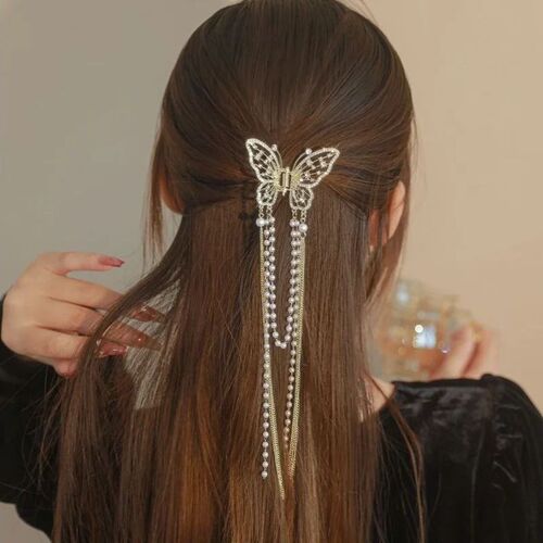 2023 New Female Butterfly Pearl Tassel Hair Claw Rhinestone