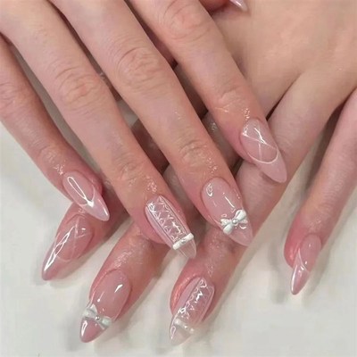 24Pcs Pink Almond French Press on Nails With 3D Bow ripple c