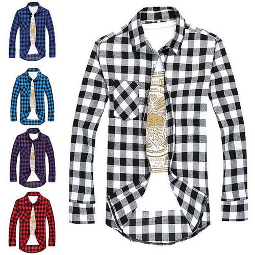 Men Shirts  Summer Mens Checkered  Long Sleeve Shirt