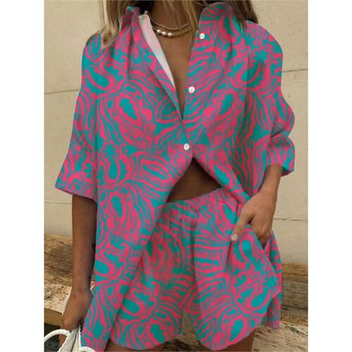 Two Piece Short Sets Women Summer Casual Print Short Sleeve