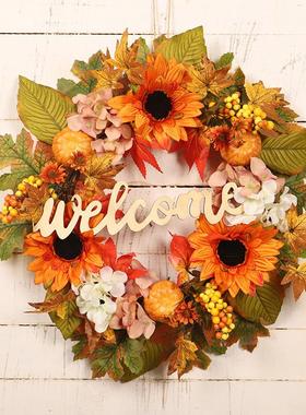 感恩节枫叶装饰秋色向日葵花环 仿真绣球南瓜字牌花圈门挂亚