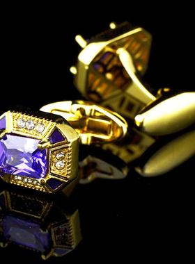 英博镀金紫色锆石袖扣水晶镶钻袖钉法式纽扣707cufflinks/151284c