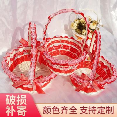 婚礼红色喜庆花篮糖果手工编织手提花篮西式婚礼心形撒花瓣篮