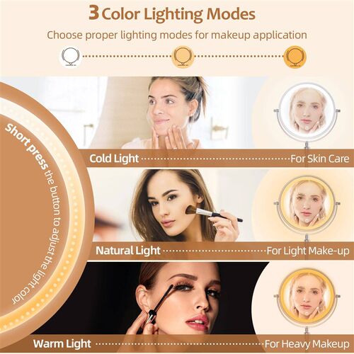 8 Inch Makeup Mirror With Light Lamp 10X Magnification 3 Col