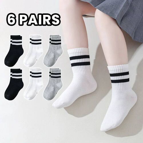 6 pairs simple solid color black and white striped double so