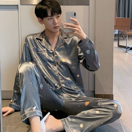 Silk Men Pyjamas Set OverSize 4XL 5XL Long Sleeve Casual Hom