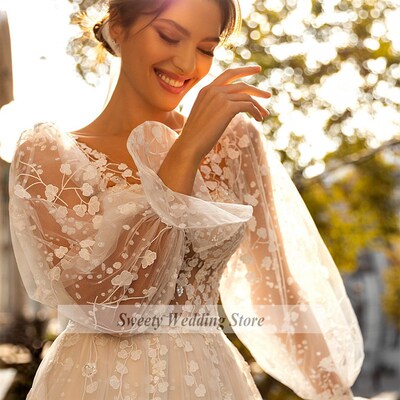 Romantic Flower Lace Wedding Dress Princess Bridal Gowns Lon