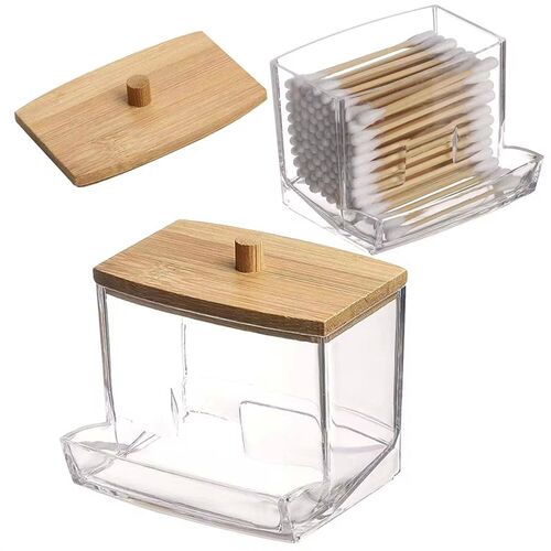 1Pcs Cotton Swab Holder, Cotton Swab Dispenser with Bamboo L