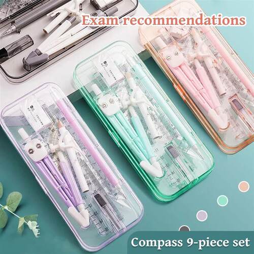 Kawaii 9pcs Ruler Set for Exams Geometry Compass Straight Ed