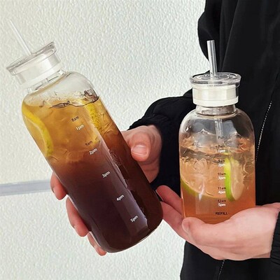 550-750ml Large Capacity Glass Water Bottle With Time Marker