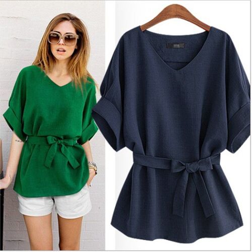 Plus Size Casual Blouses Summer Lady O-Neck Bat Short Sleeve