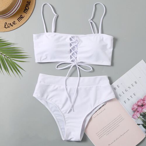 String Bandeau Bikinis 2023 Women High Waist Swimsuit Solid