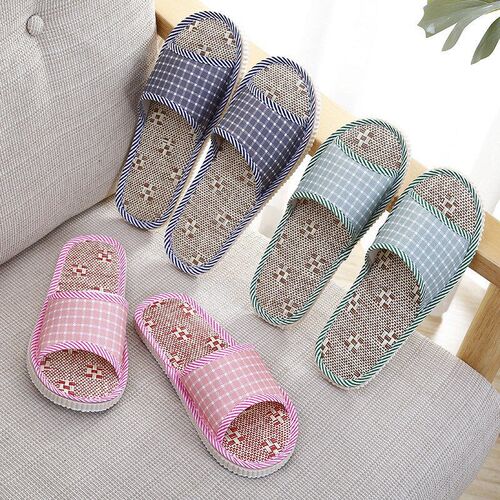 EVA Checkered Indoor NonDisposable Home Slippers Linen Slipp