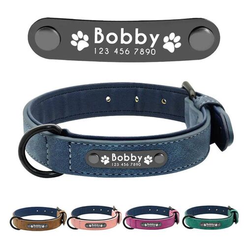Personalized Name ID Tags Dog Collars Custom Text name Leath