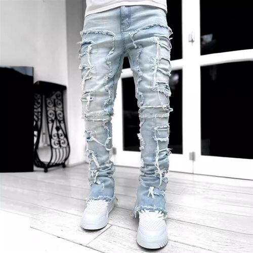 Mens Denim Straight Pants Sreet Fashion Ins Sretch Patch De