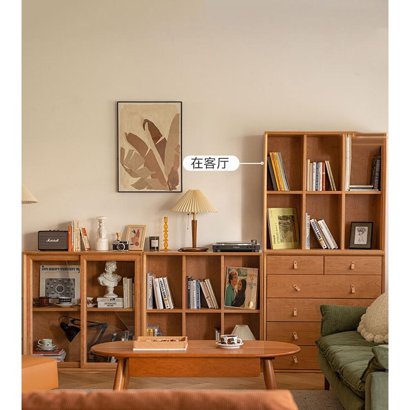 北欧实木书柜 家用靠墙多功能玻璃茶水柜卧室书房落地储物组合柜