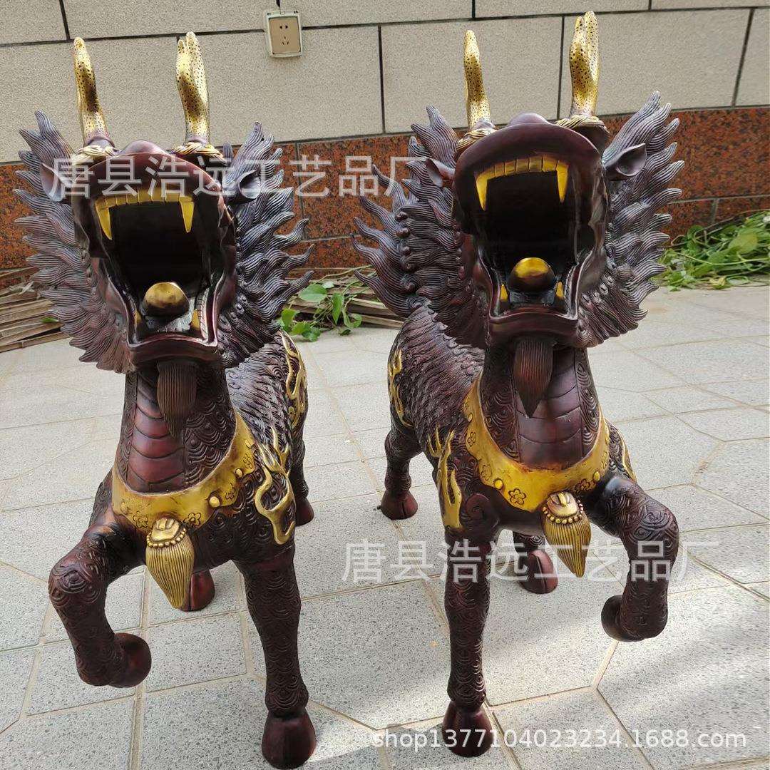 古铜色大型麒麟铜摆件 户外玻璃钢仿真动物麒麟雕塑 铜掐丝工艺品