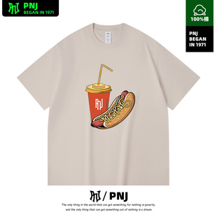 美式复古趣味热狗印花短袖T恤男女装夏季纯棉百搭情侣上衣潮T恤