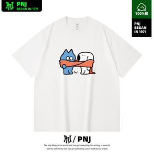  美式复古印花男女同款短袖100%棉透气宽松休闲情侣款上衣