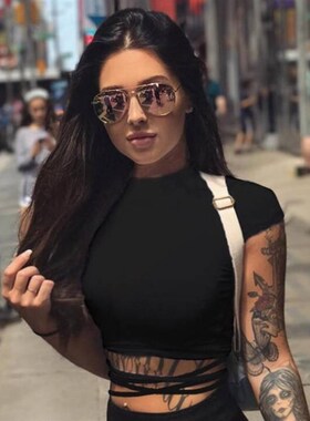 2023 Summer Women Black Short Casual Solid T-Shirts Sexy Cro