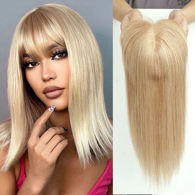 Human Hair Toppers with Bangs Blonde Real Remy Hair Topper S