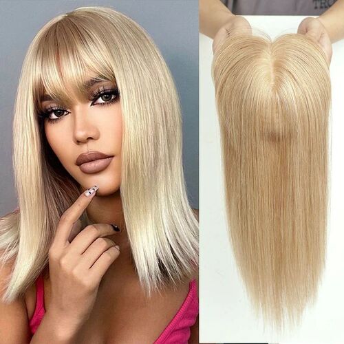 Human Hair Toppers with Bangs Blonde Real Remy Hair Topper S