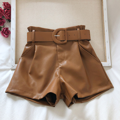 2022 New PU Leather Shorts Women Shorts All-match Sashes Wid