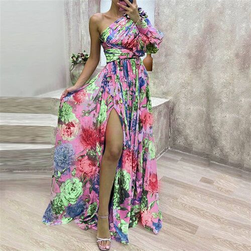 Hot Selling Printing Dress Women Oblique Shoulder High