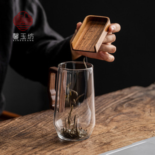耐热防爆玻璃杯胡桃木把水杯高档男士 泡茶杯办公绿茶专用个人杯子